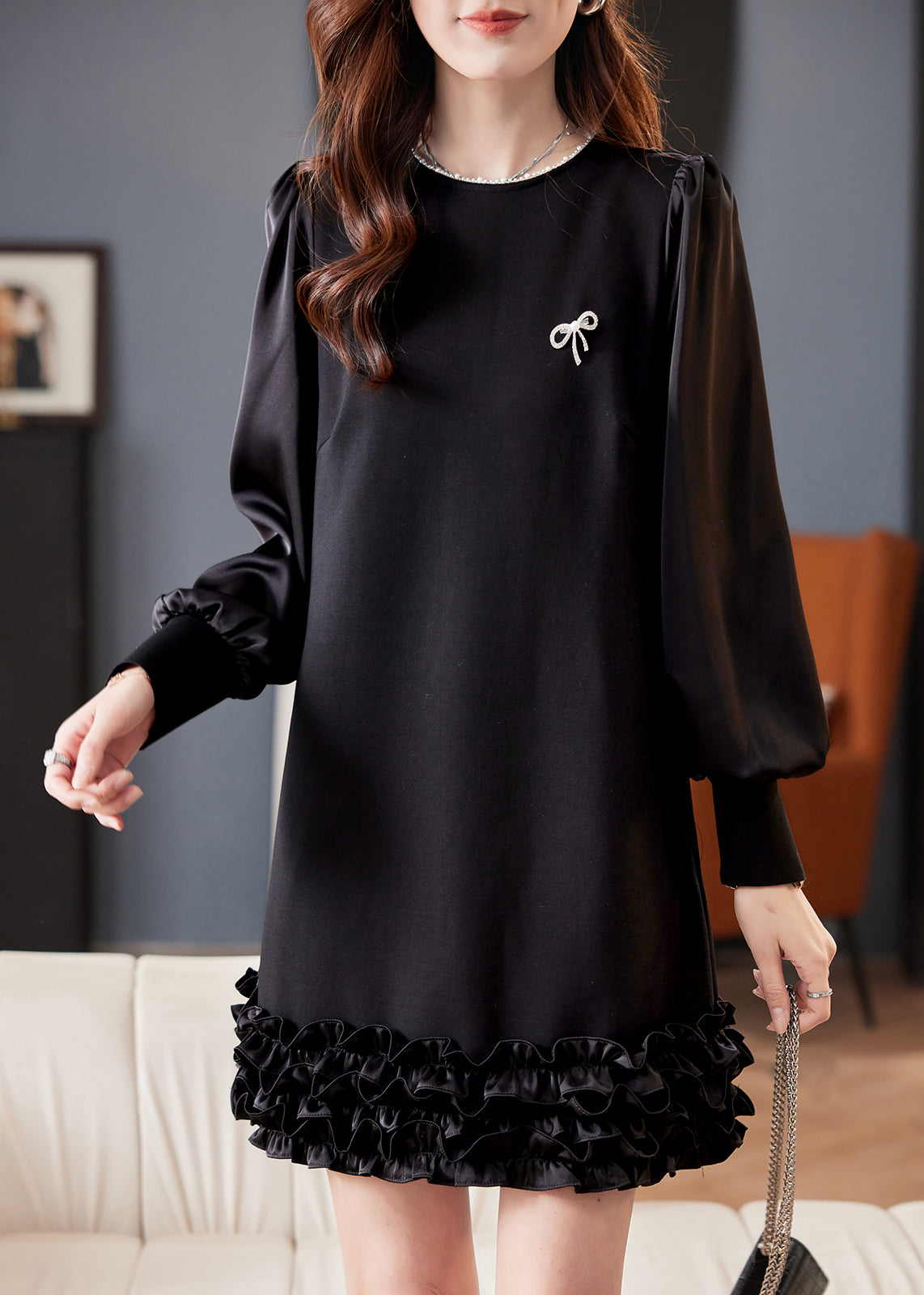 Pearl Trim Crew Neck Lantern Sleeve Tiered Ruffle Hem Mini Dress
