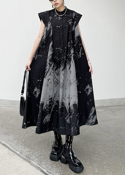 Chic Black Print Wrinkled Cotton Long Dresses Summer