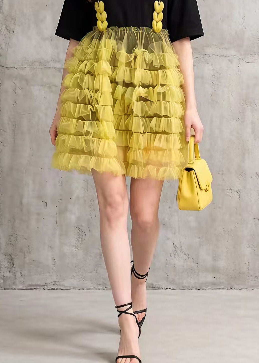 Chic Black Tulle Ruffled Patchwork Cotton Mid Dress Summer 4