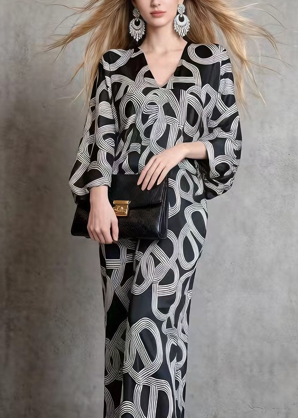 Satin Geometric Link Print V-Neck Batwing Sleeve Maxi Dress