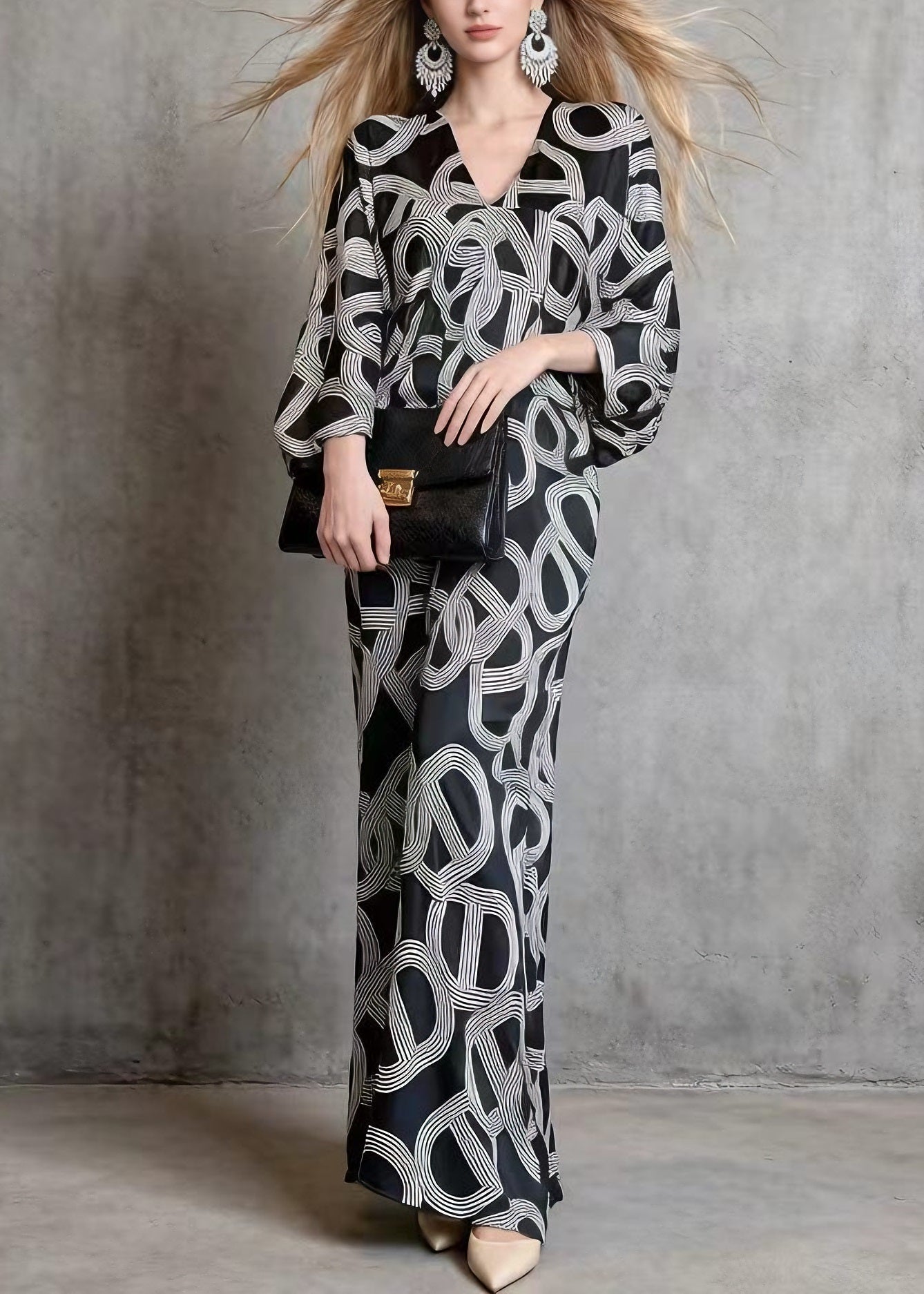 Satin Geometric Link Print V-Neck Batwing Sleeve Maxi Dress