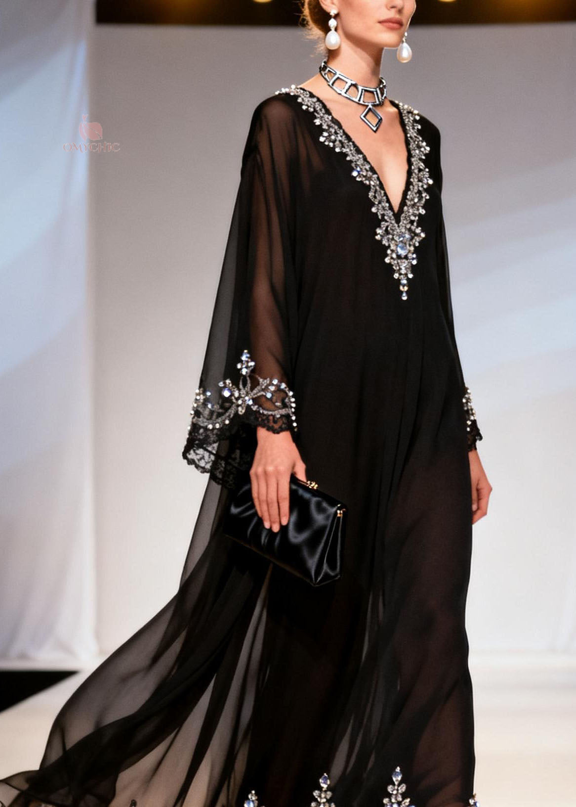 Chiffon Deep V-Neck Long Sleeve Rhinestone Bell Sleeve Lace Trim Hem Maxi Gown