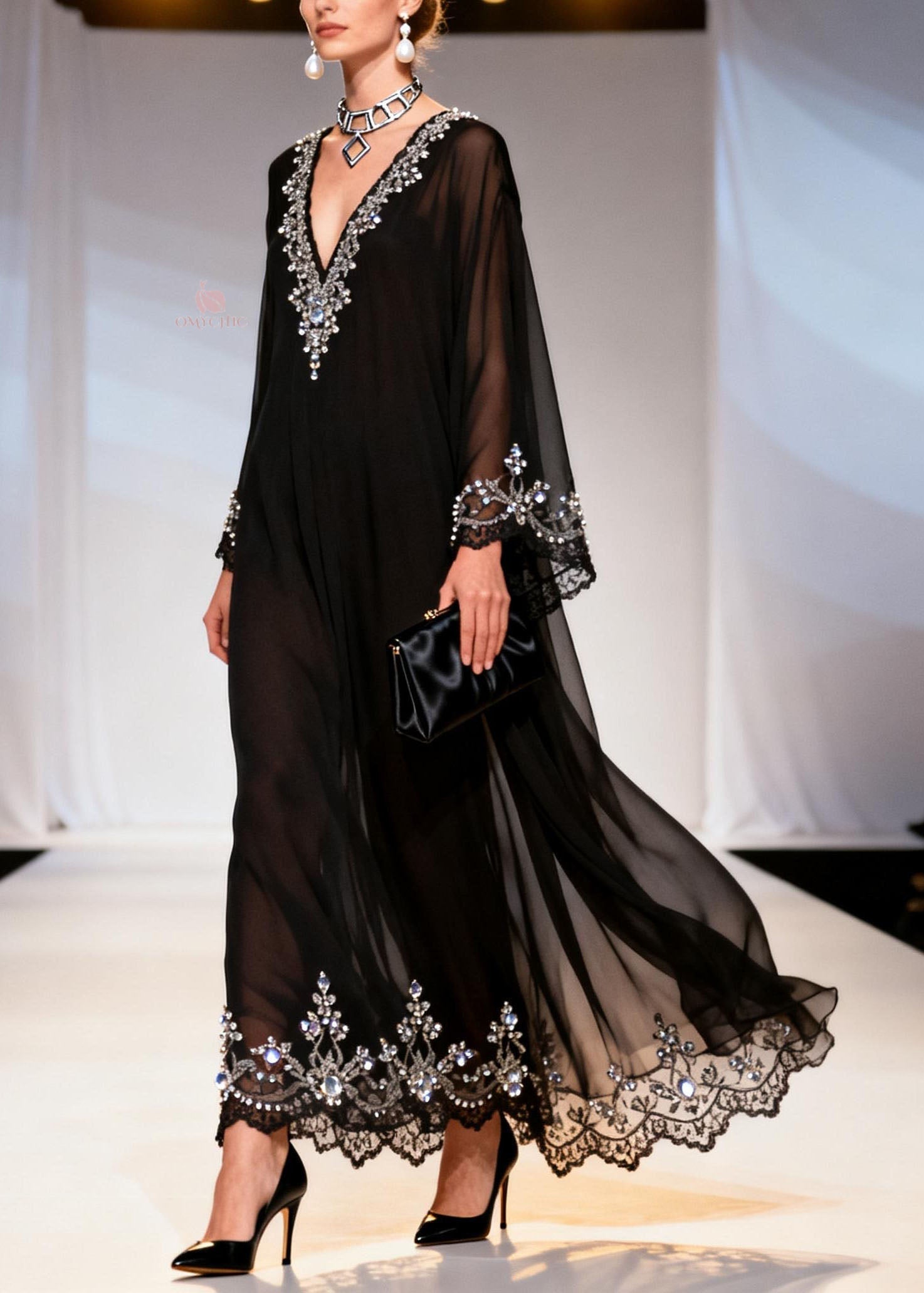 Chiffon Deep V-Neck Long Sleeve Rhinestone Bell Sleeve Lace Trim Hem Maxi Gown