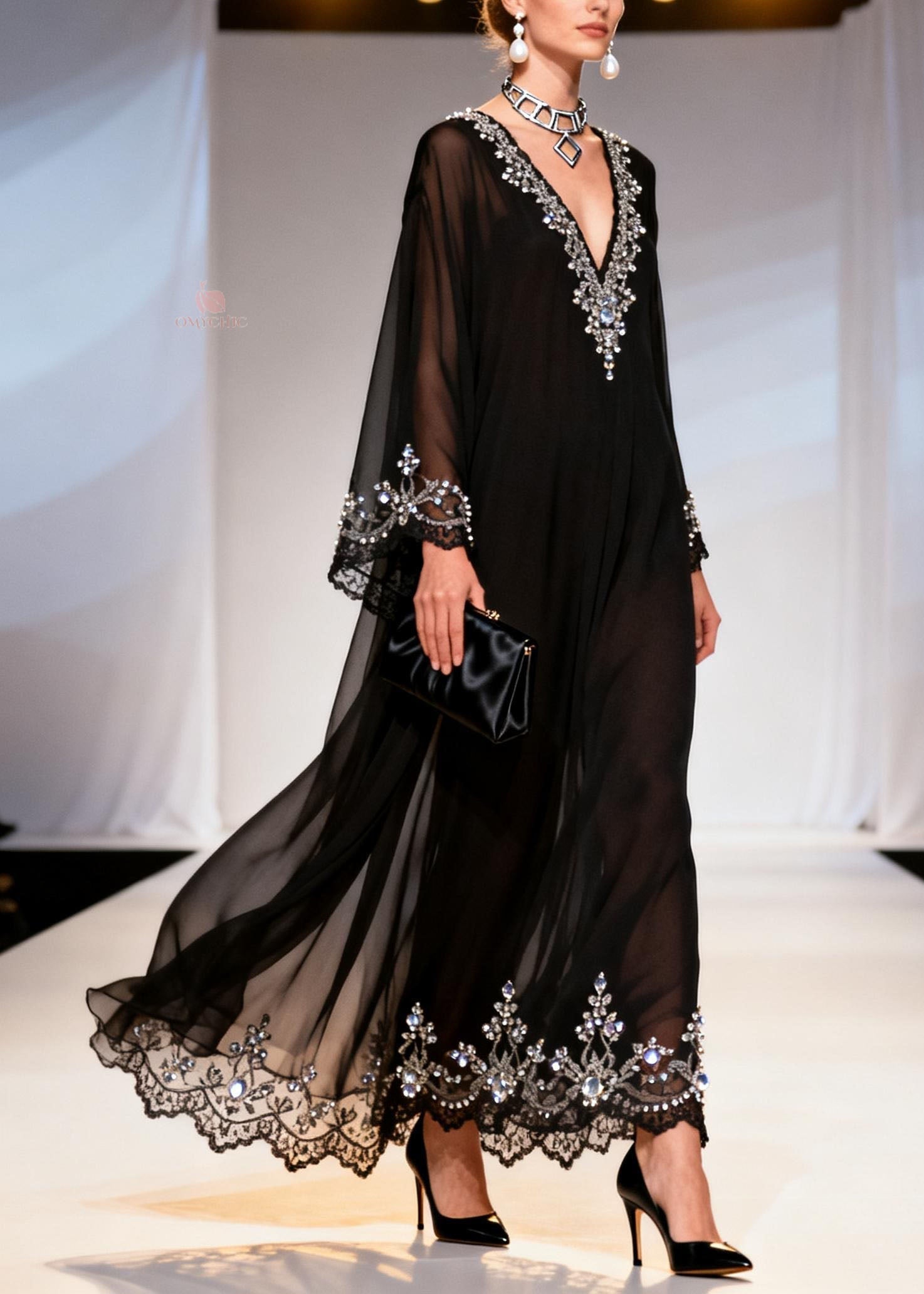 Chiffon Deep V-Neck Long Sleeve Rhinestone Bell Sleeve Lace Trim Hem Maxi Gown