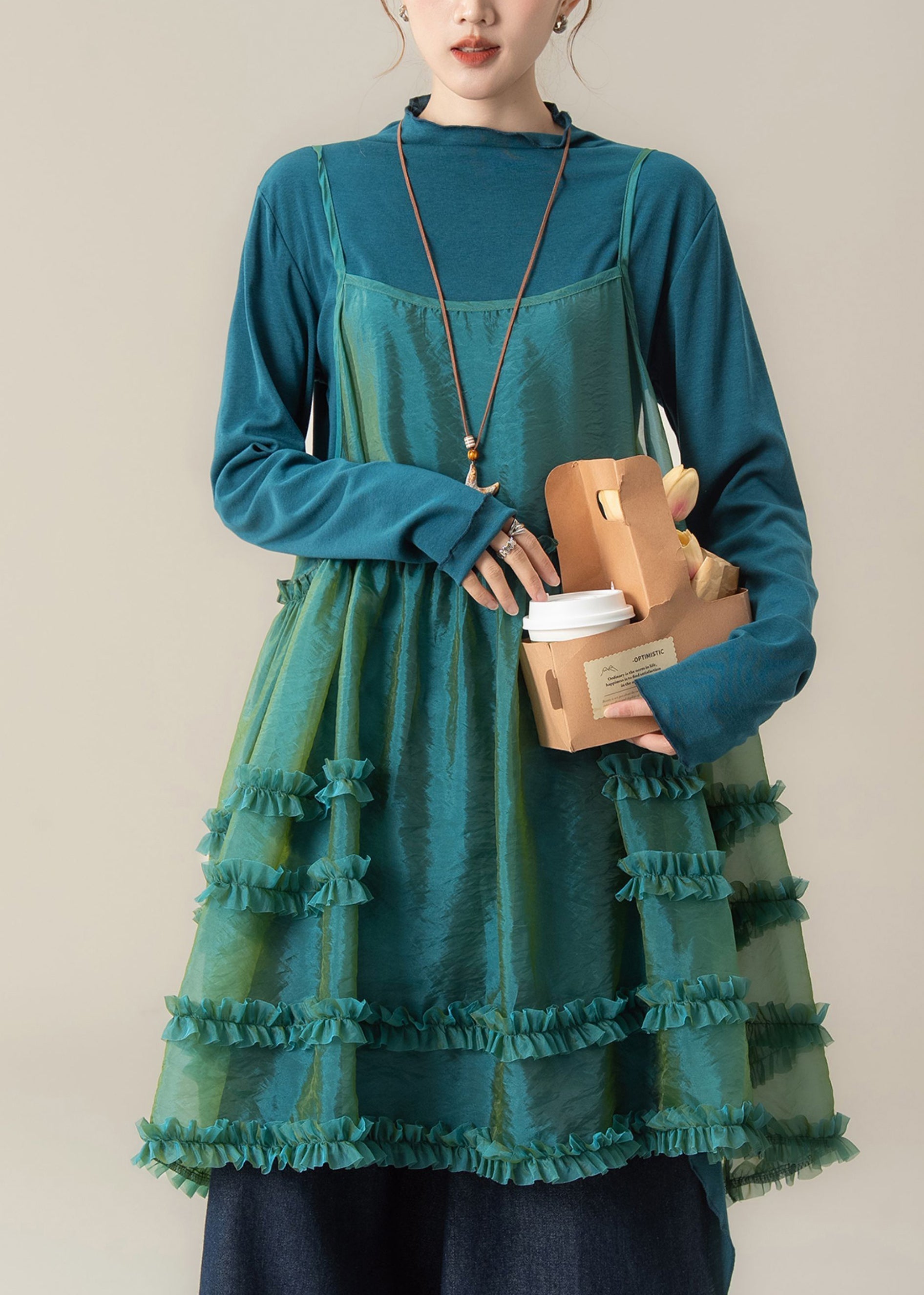 Chic Blue Ruffled Spaghetti Strap Dress T Shirt And Pants Three Piece Suit Set Fall
