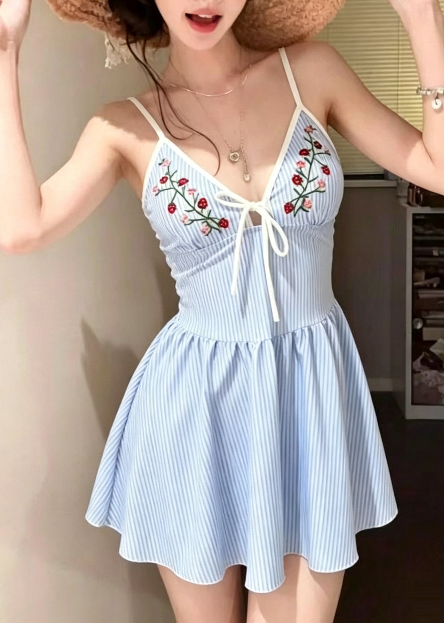 Chic Blue Striped Embroideried Swiming Dress Bodysuits