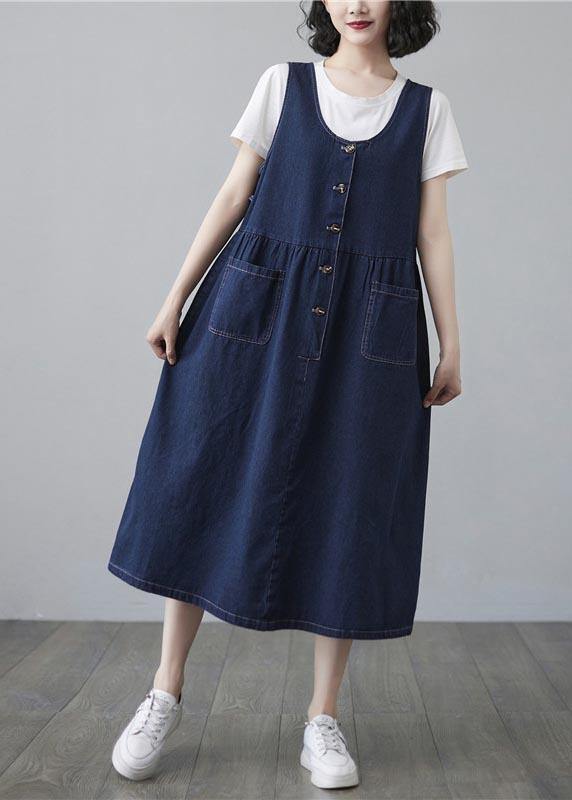 Chic Blue Summer Pockets Button Cotton Dresses