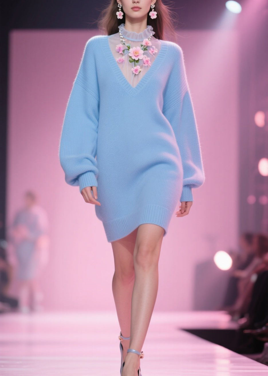 Tulle Floral Mesh Mock Neck Insert V-Neck Puff Sleeve Knit Mini Dress