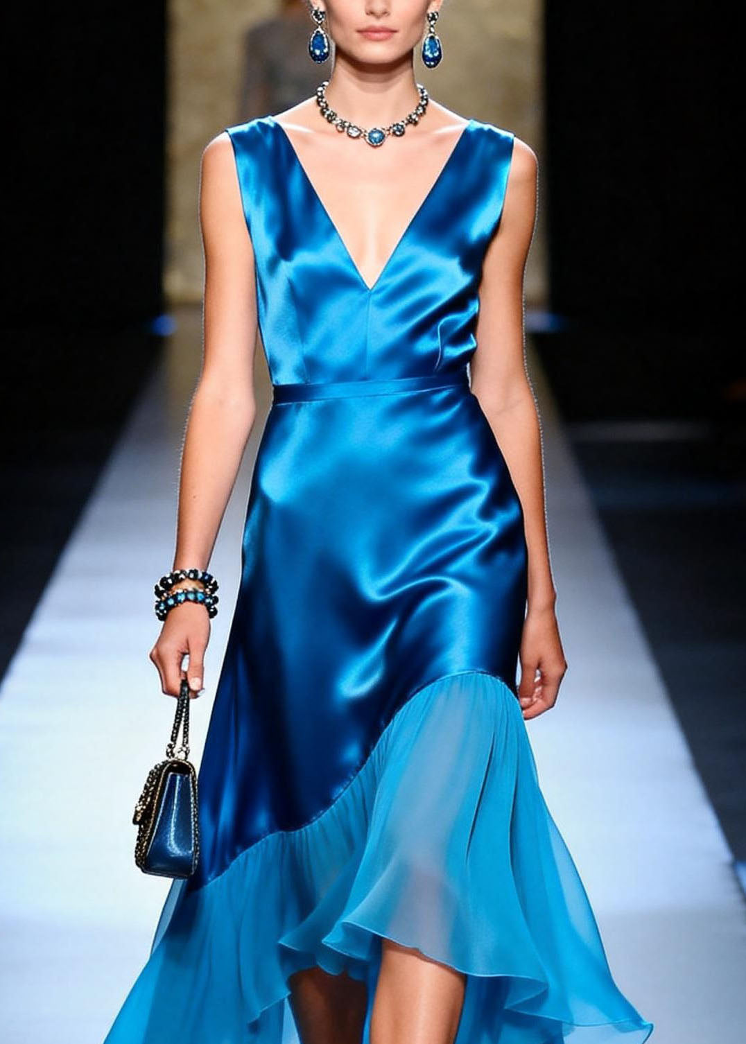 Satin Deep V-Neck Sleeveless Asymmetric Ruffle High Low Midi Dress
