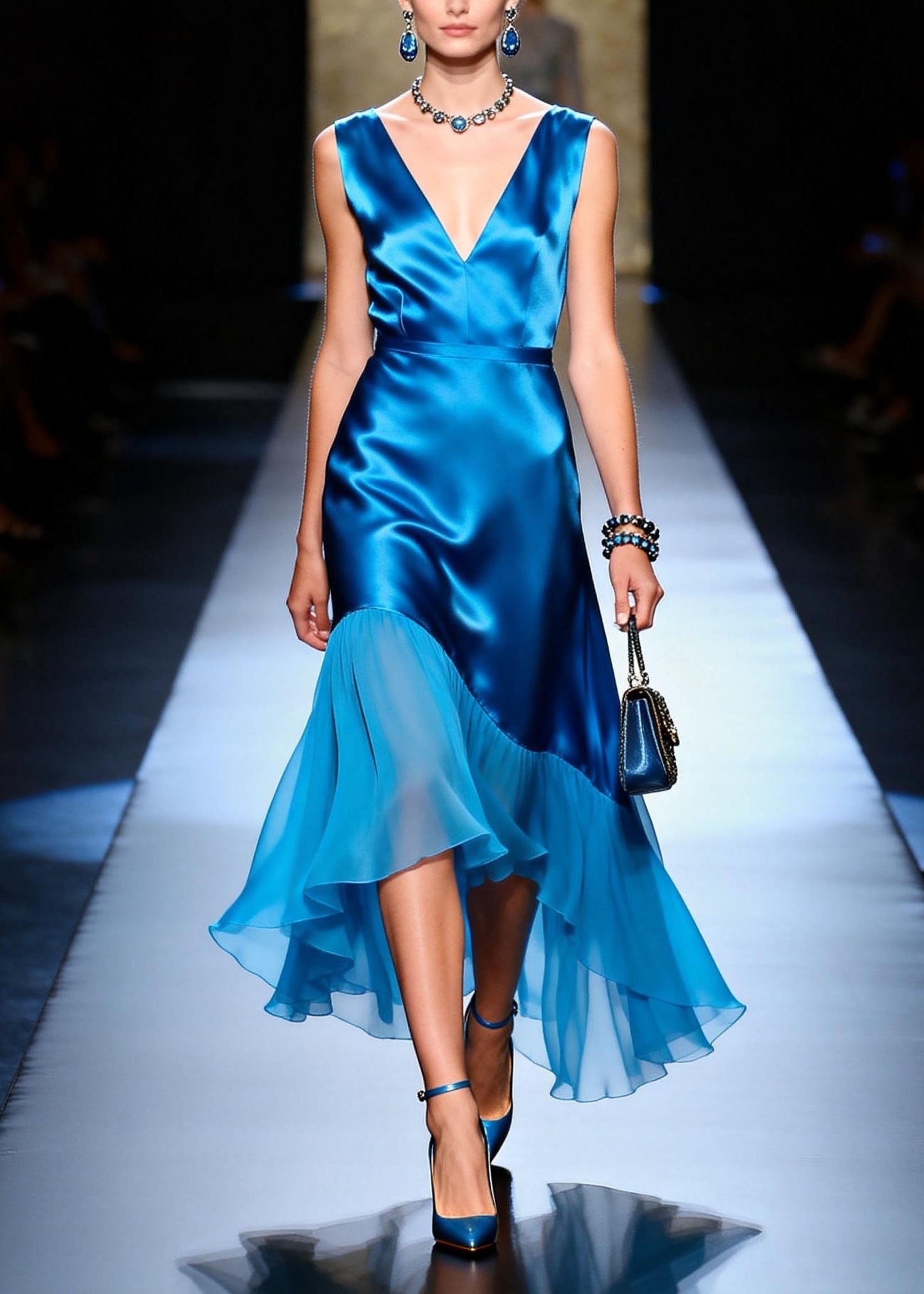 Satin Deep V-Neck Sleeveless Asymmetric Ruffle High Low Midi Dress