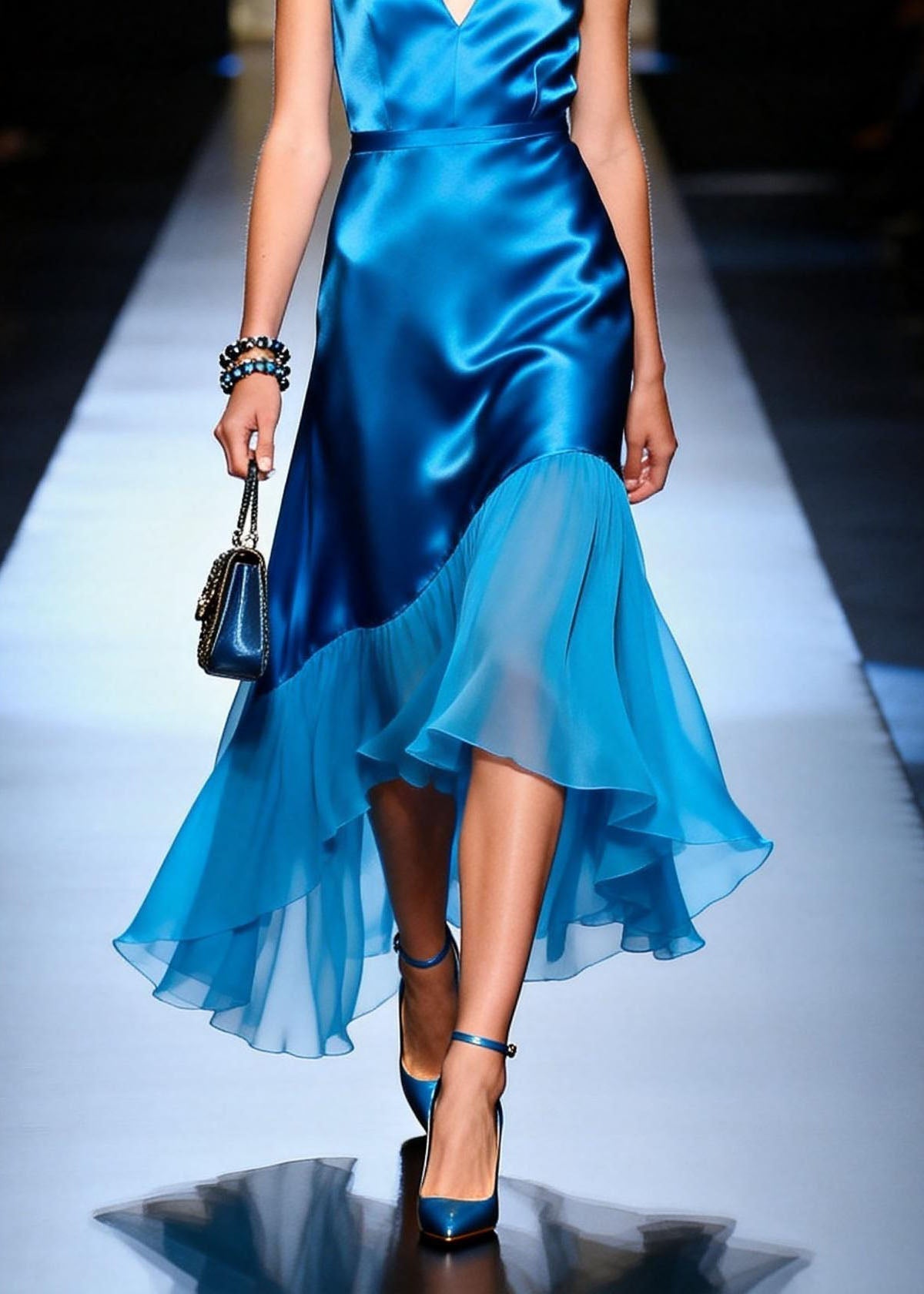 Satin Deep V-Neck Sleeveless Asymmetric Ruffle High Low Midi Dress