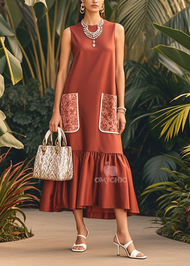 Jacquard Patch Pocket Crew Neck Sleeveless Tiered Ruffle Hem Midi Dress