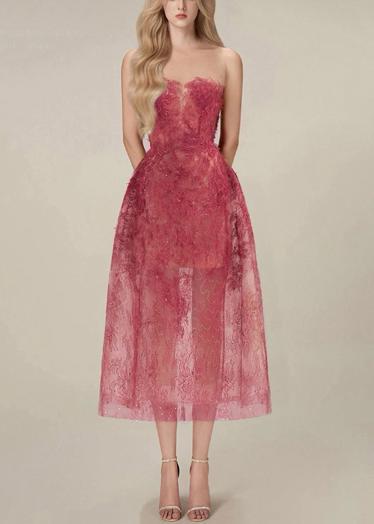 Strapless Lace Overlay Feather Trim Sheer Skirt A-Line Midi Dress