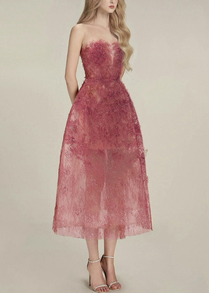 Strapless Lace Overlay Feather Trim Sheer Skirt A-Line Midi Dress