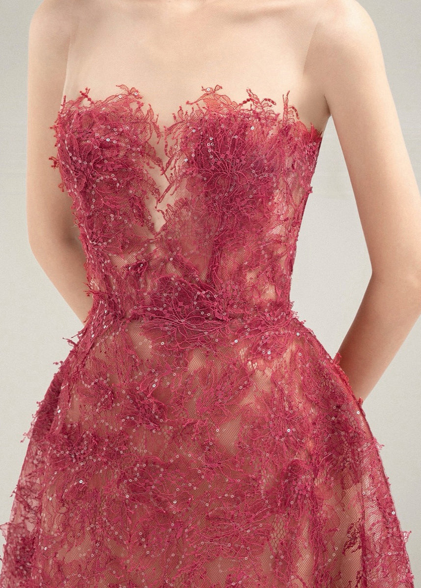 Strapless Lace Overlay Feather Trim Sheer Skirt A-Line Midi Dress