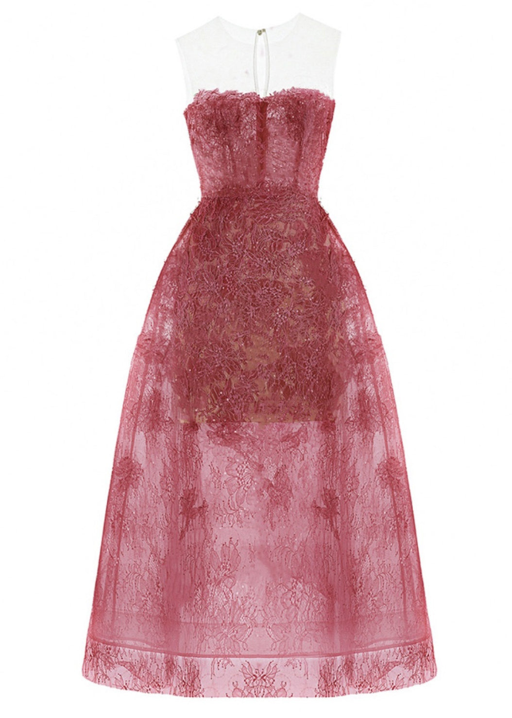 Strapless Lace Overlay Feather Trim Sheer Skirt A-Line Midi Dress
