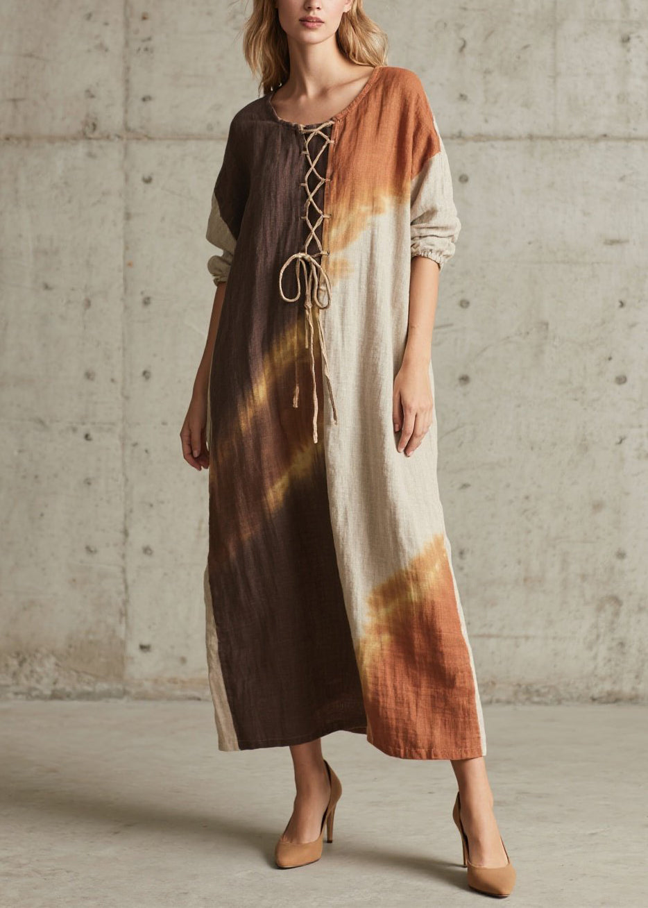 Lace Up Long Sleeve Relaxed Shift Maxi Dress