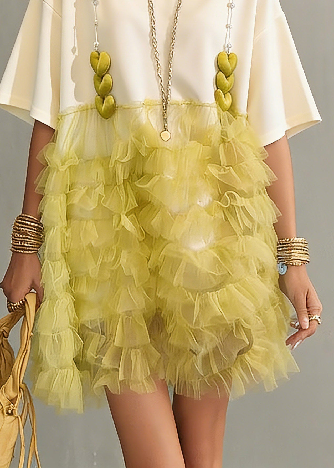 Pearl Strap Heart Trim Tiered Ruffle Tulle Mesh Short Sleeve Crew Neck Mini Dress