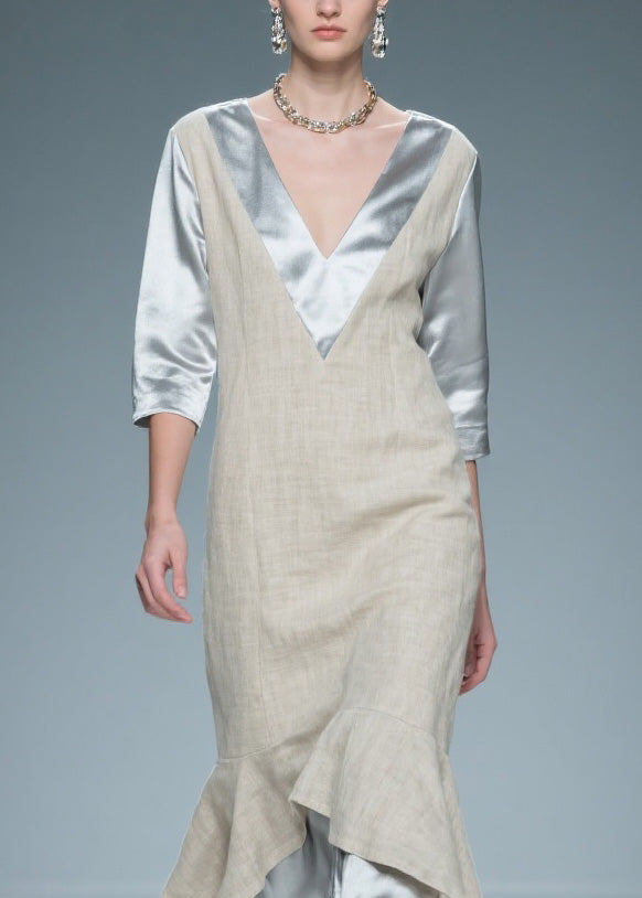 Deep V-Neck Metallic Satin Sleeve Woven Panel Tiered Ruffle High Low Midi Dress