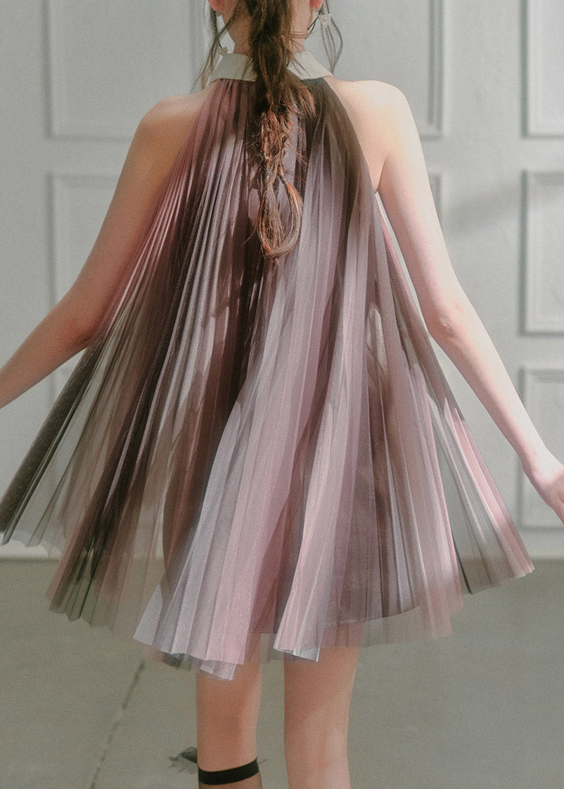 Mesh Pleated Peter Pan Collar Bow Tie Halter Neck Sleeveless Trapeze Mini Dress