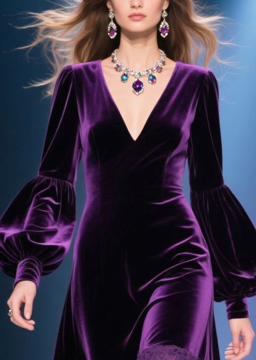 Chic Dull Purple V Neck Patchwork Silk Velvet Maxi Dresses Lantern Sleeve 2