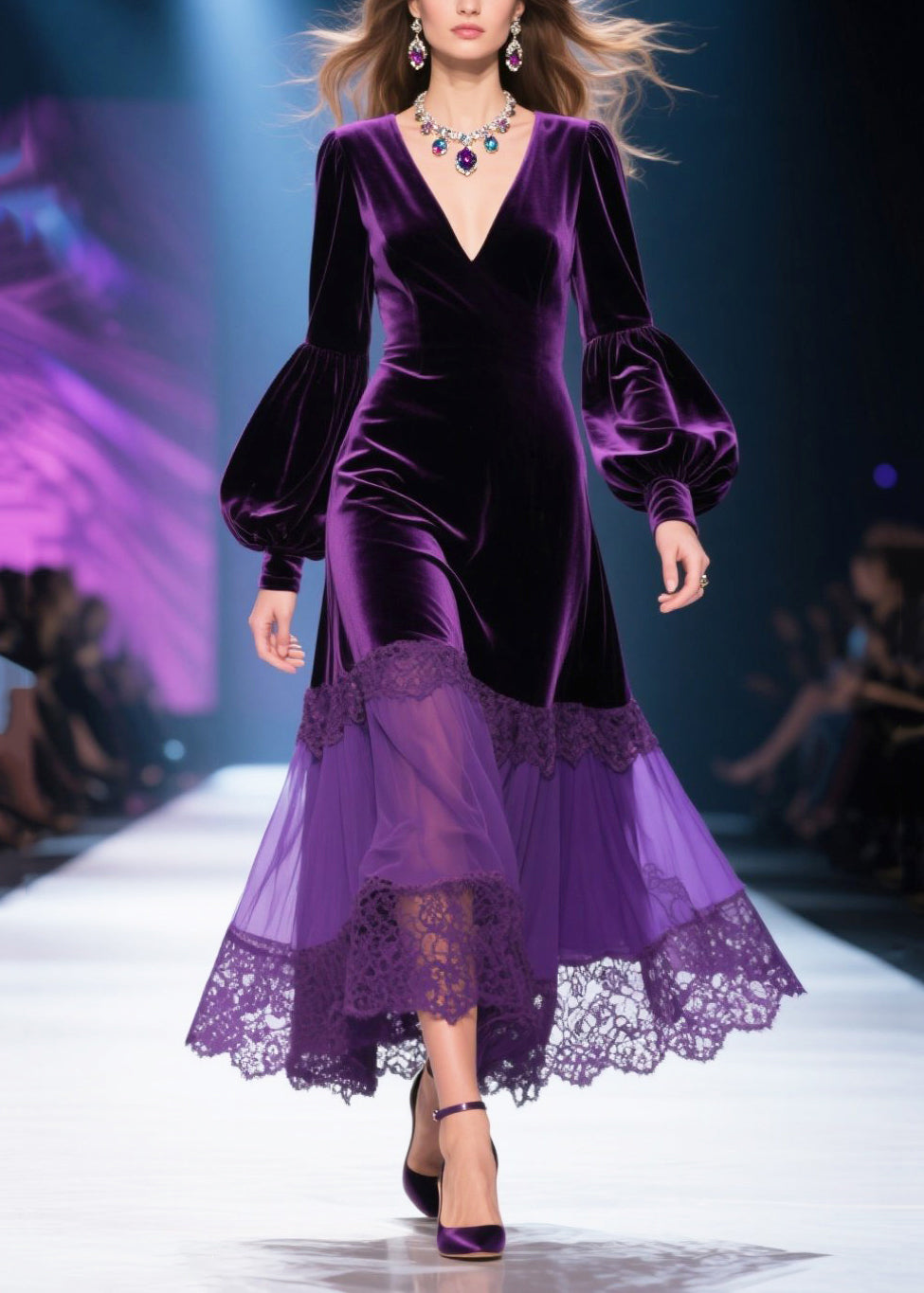 Chic Dull Purple V Neck Patchwork Silk Velvet Maxi Dresses Lantern Sleeve 3
