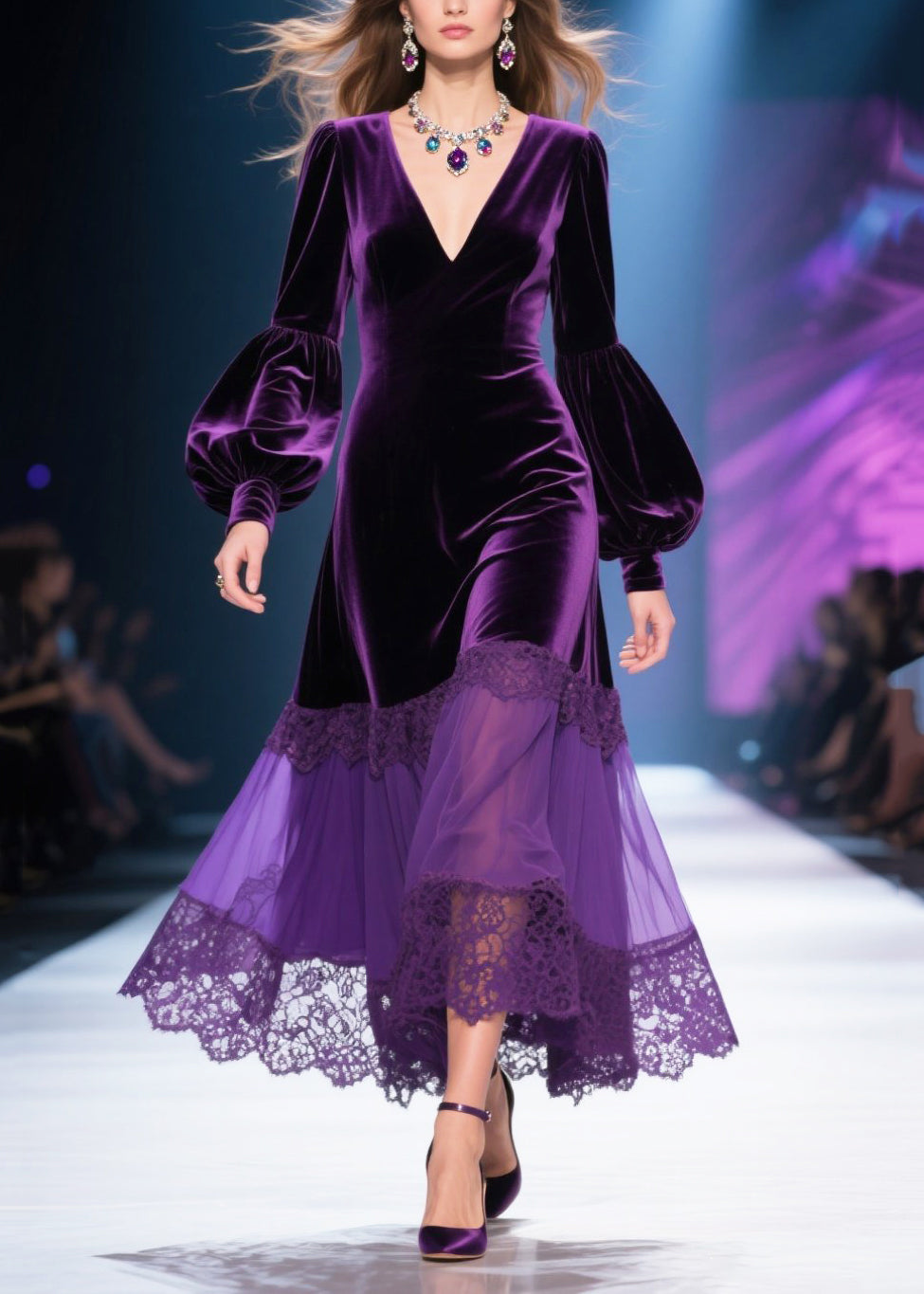 Chic Dull Purple V Neck Patchwork Silk Velvet Maxi Dresses Lantern Sleeve 5