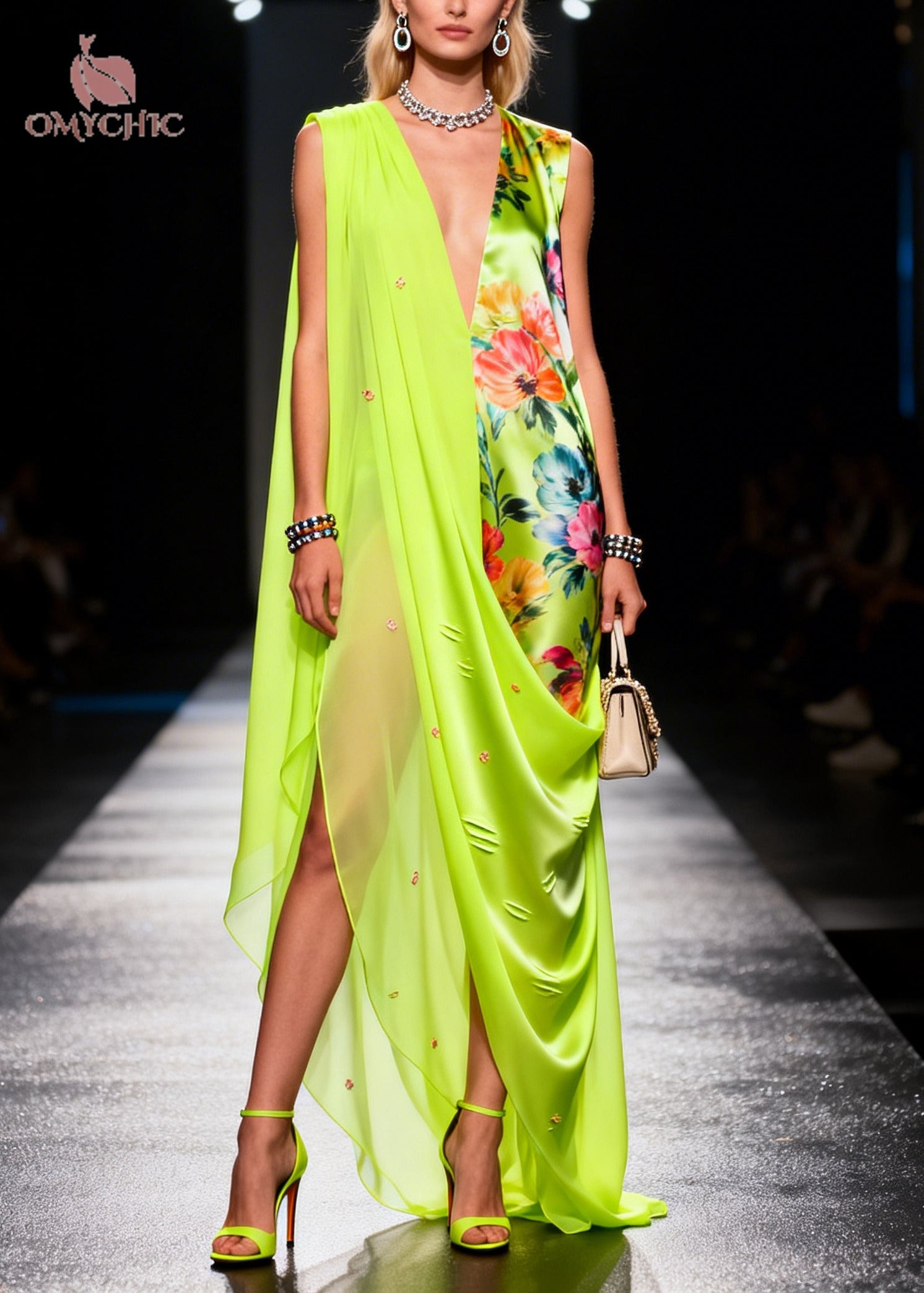 Floral Deep V-Neck Sleeveless High Split Satin Chiffon Maxi Dress