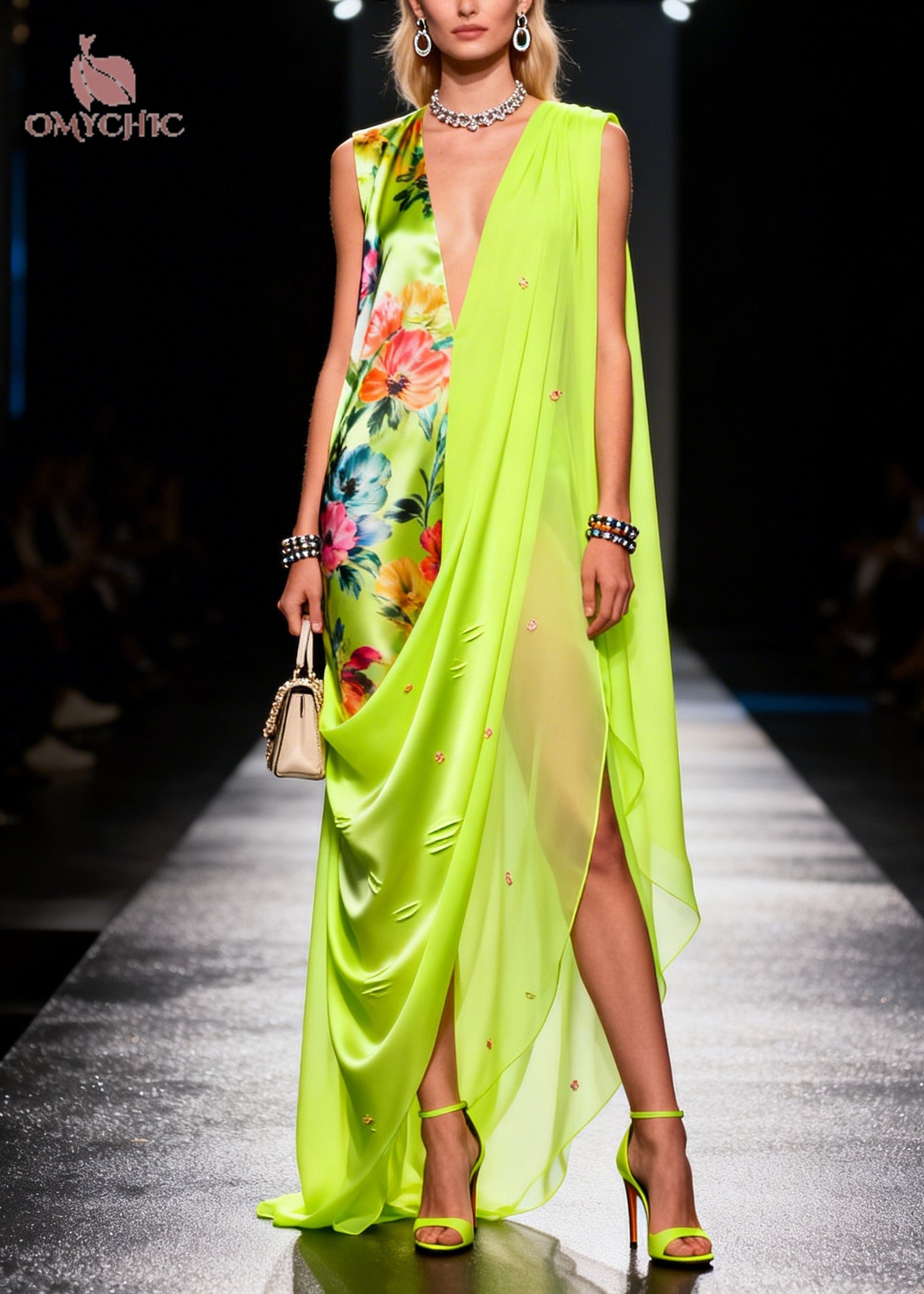 Floral Deep V-Neck Sleeveless High Split Satin Chiffon Maxi Dress