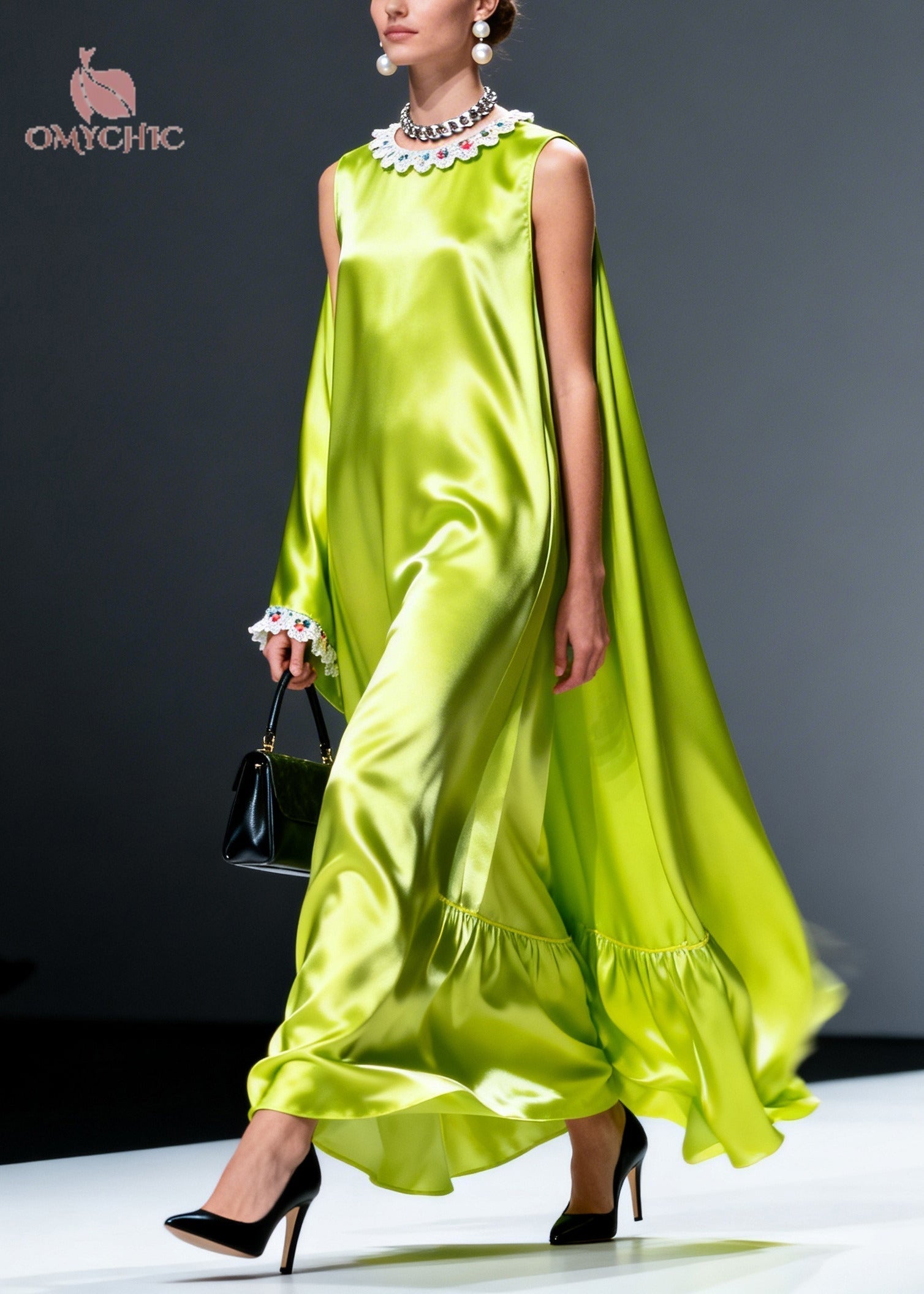 Lace Collar Asymmetric Cape One Sleeve Ruffle Flounce Satin Maxi Gown