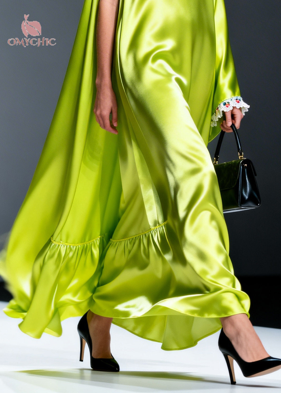 Lace Collar Asymmetric Cape One Sleeve Ruffle Flounce Satin Maxi Gown