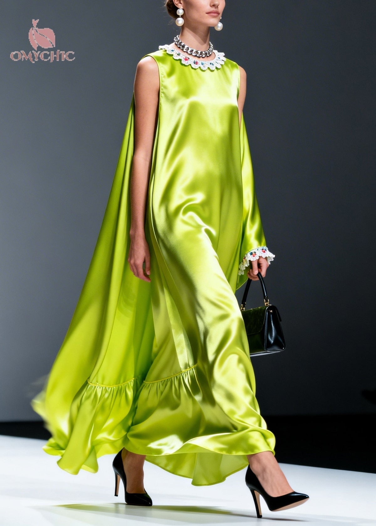 Lace Collar Asymmetric Cape One Sleeve Ruffle Flounce Satin Maxi Gown - View 5