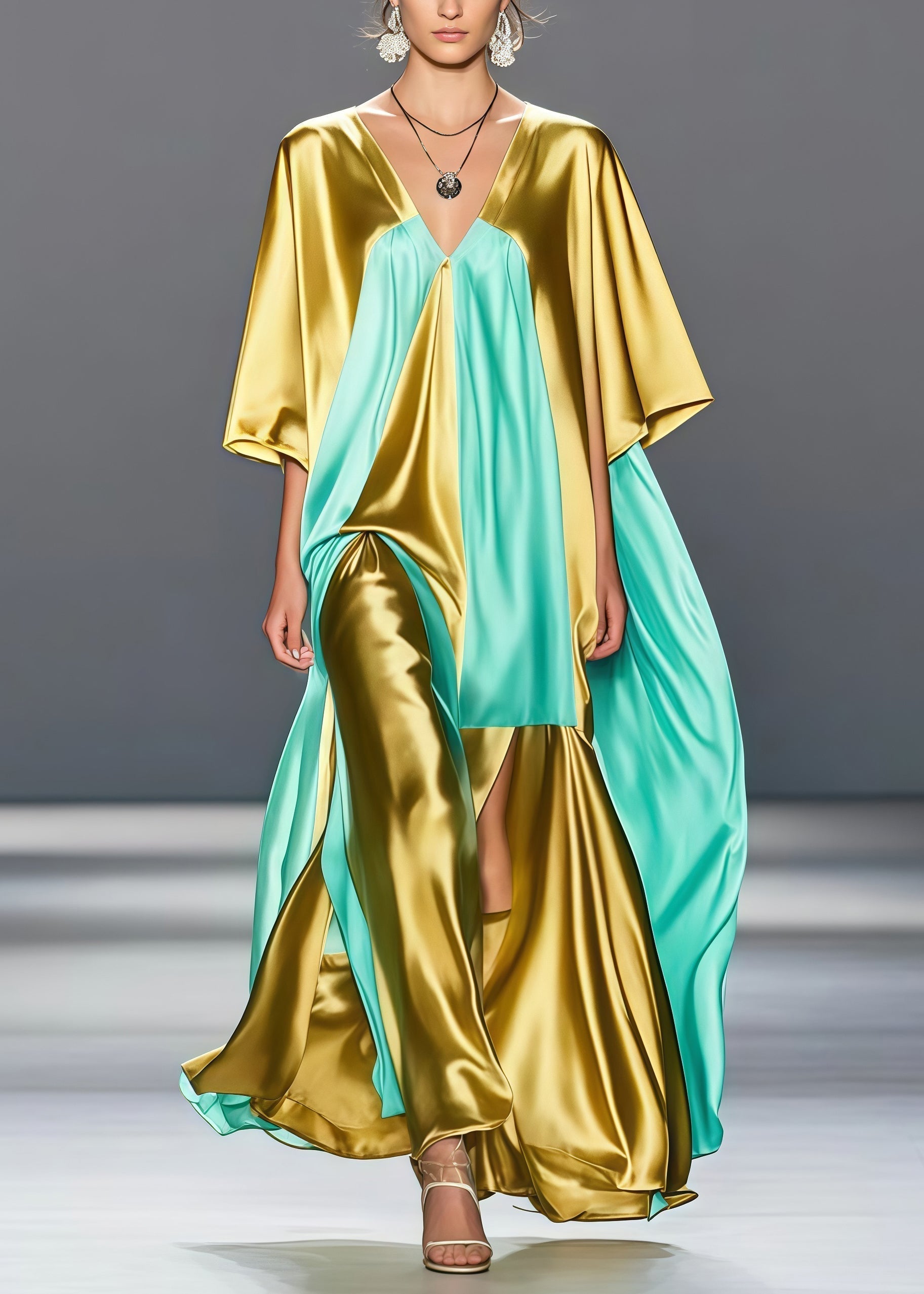 Deep V-Neck Kimono Sleeve Center Slit Draped Panel Maxi Gown