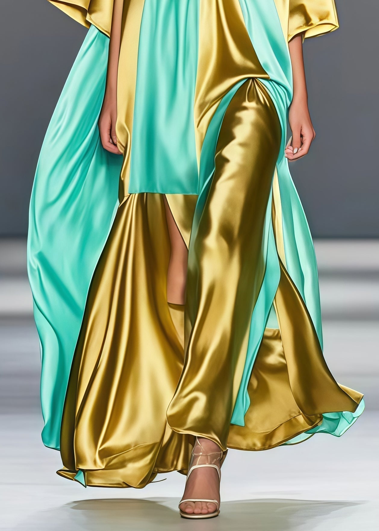 Deep V-Neck Kimono Sleeve Center Slit Draped Panel Maxi Gown