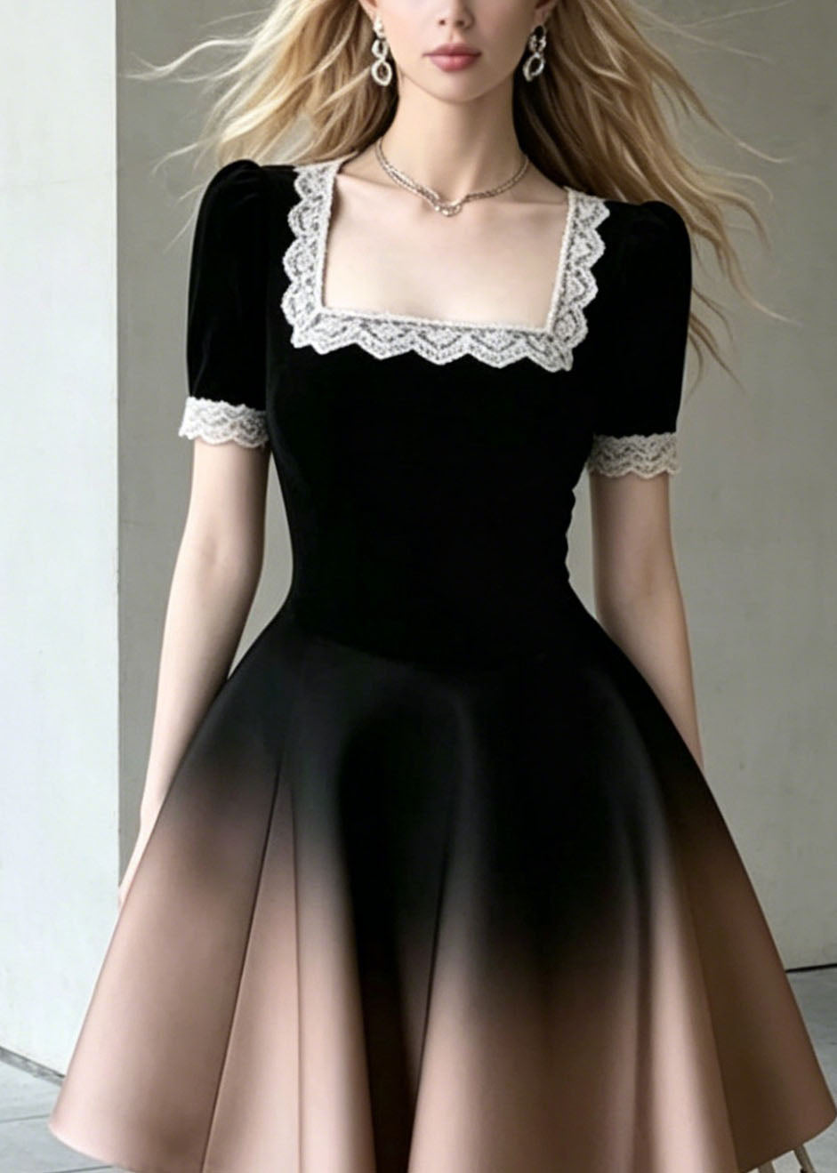 Velvet Square Neck Lace Trim Puff Sleeve Ombre Metallic Skirt Fit and Flare Mini Dress