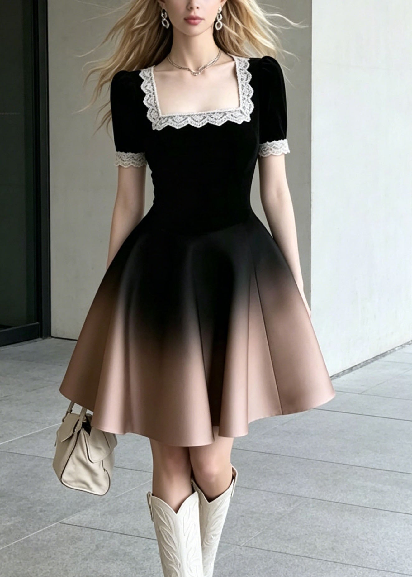 Velvet Square Neck Lace Trim Puff Sleeve Ombre Metallic Skirt Fit and Flare Mini Dress