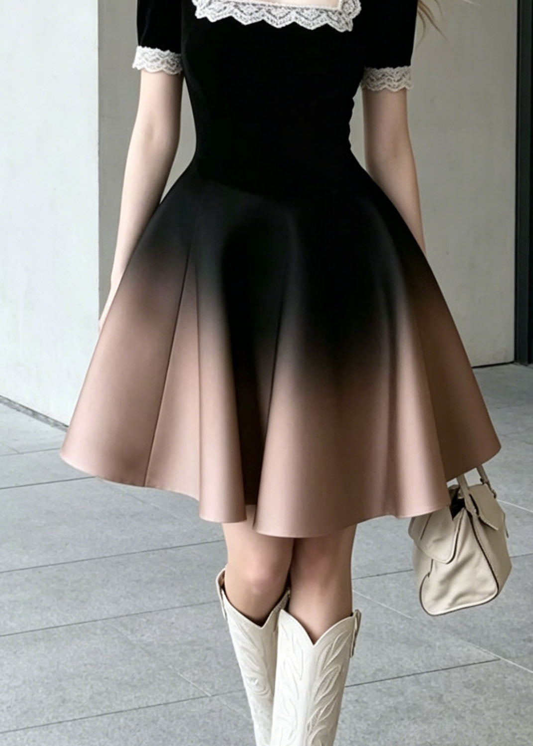 Velvet Square Neck Lace Trim Puff Sleeve Ombre Metallic Skirt Fit and Flare Mini Dress