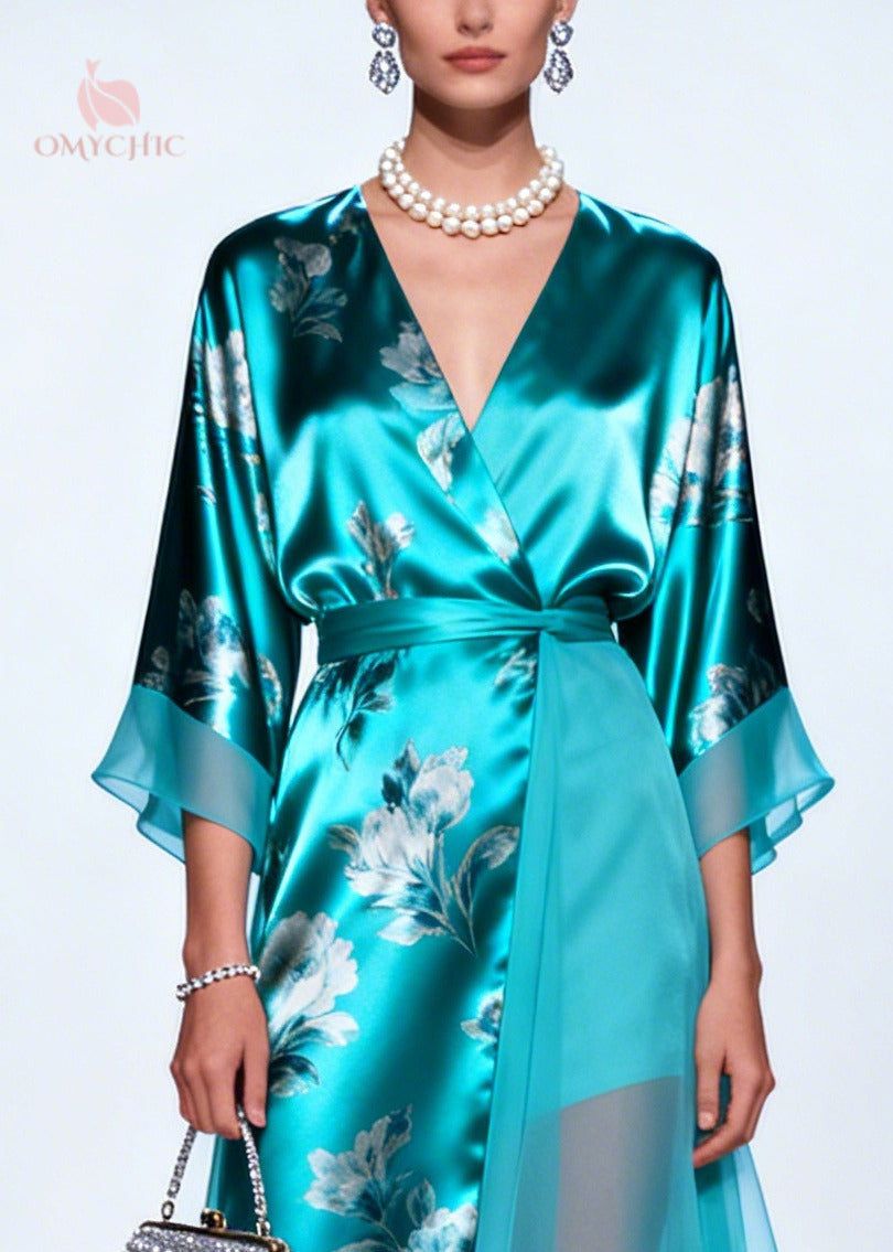 Floral Print Wrap Deep V-Neck Kimono Sleeve Tie Waist High Low Tiered Maxi Gown