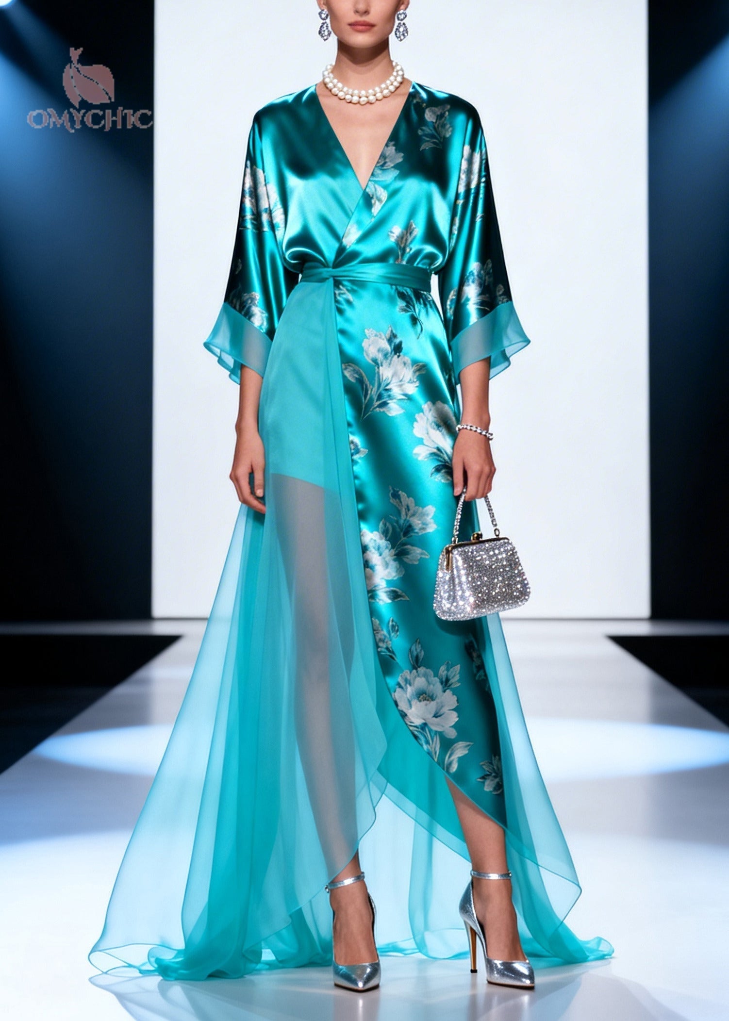 Floral Print Wrap Deep V-Neck Kimono Sleeve Tie Waist High Low Tiered Maxi Gown