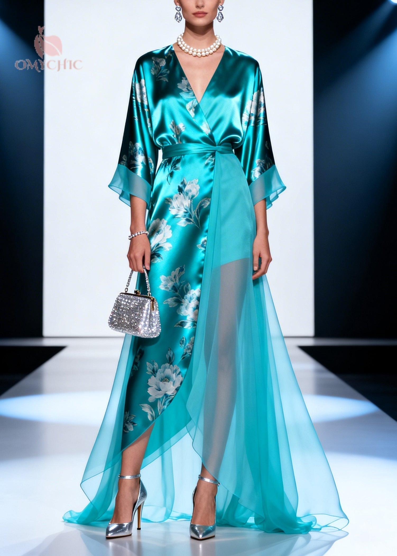 Floral Print Wrap Deep V-Neck Kimono Sleeve Tie Waist High Low Tiered Maxi Gown