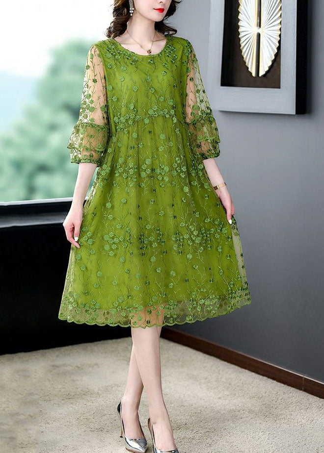 Floral Embroidered Mesh Overlay Round Neck Ruffle Cuff A-Line Midi Dress