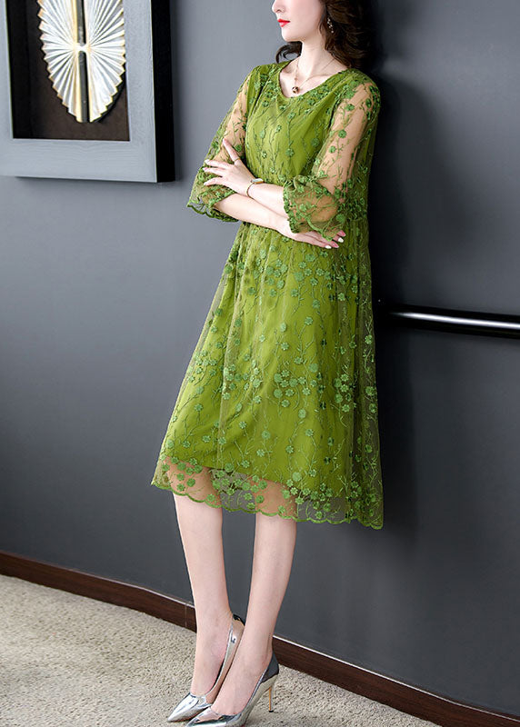Floral Embroidered Mesh Overlay Round Neck Ruffle Cuff A-Line Midi Dress