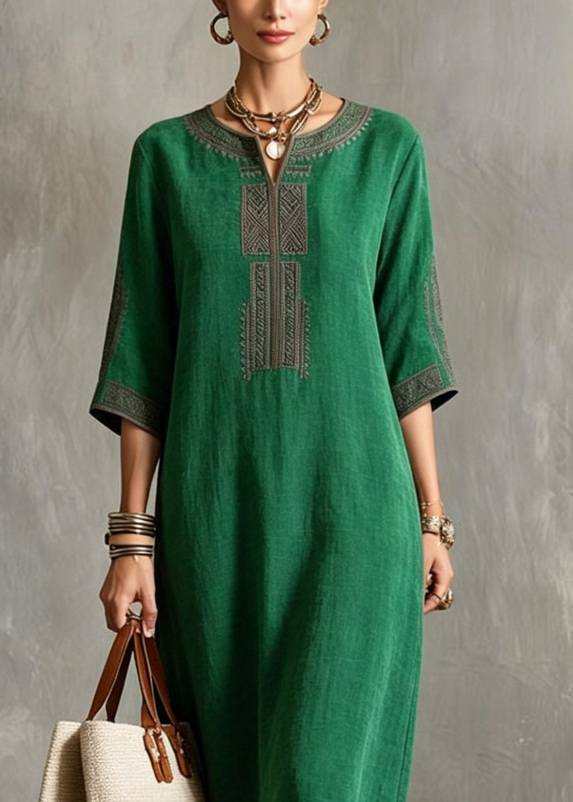 Embroidered V-Neck Three Quarter Sleeve Geometric Trim Kaftan Midi Dress