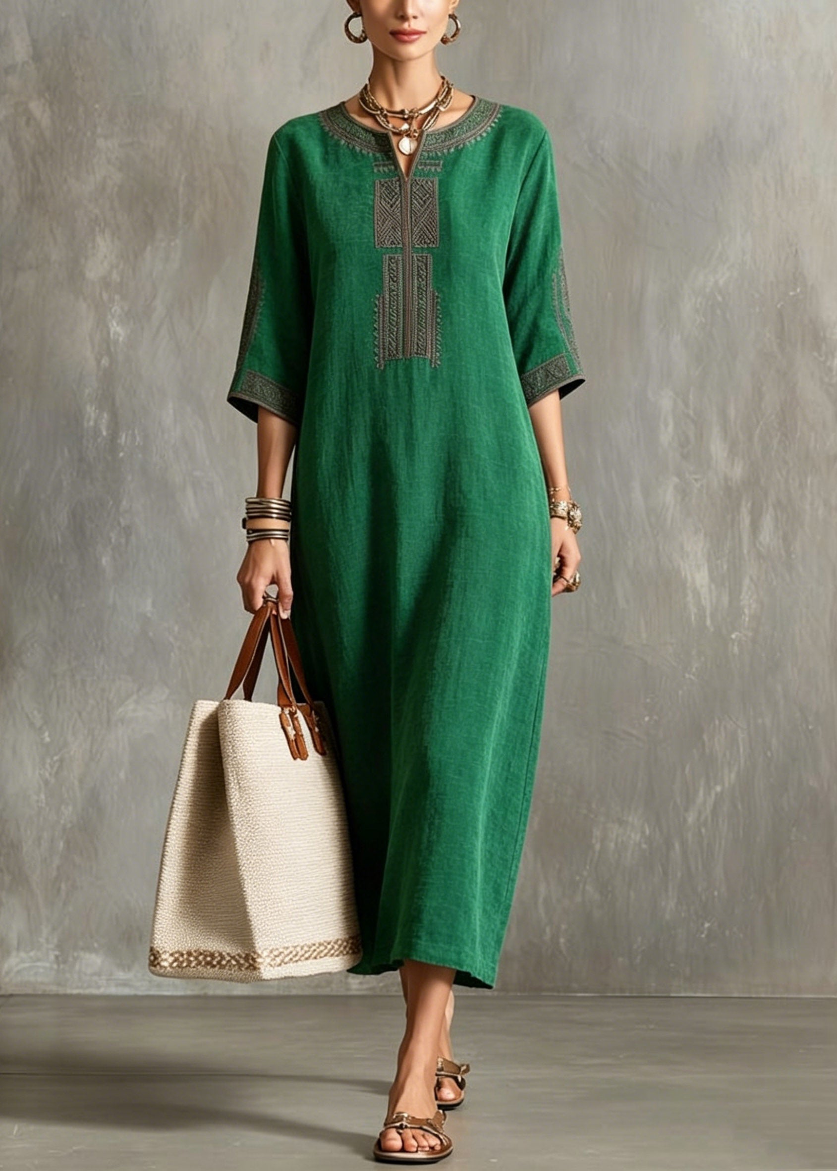 Embroidered V-Neck Three Quarter Sleeve Geometric Trim Kaftan Midi Dress