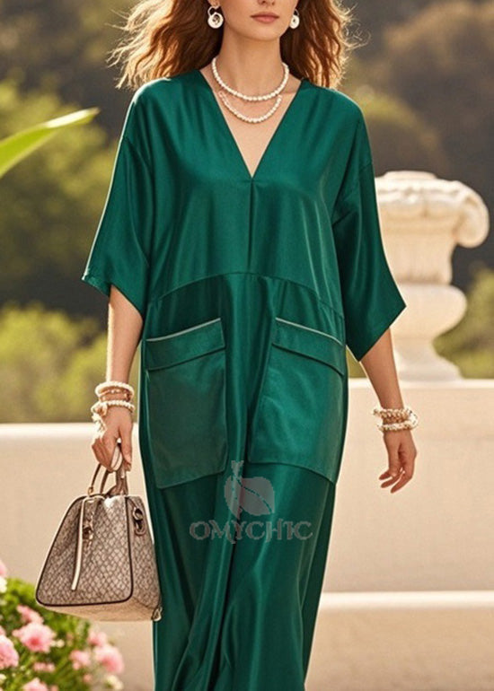 Deep V-Neck Short Sleeve Flap Pocket Relaxed Satin Midi Dress