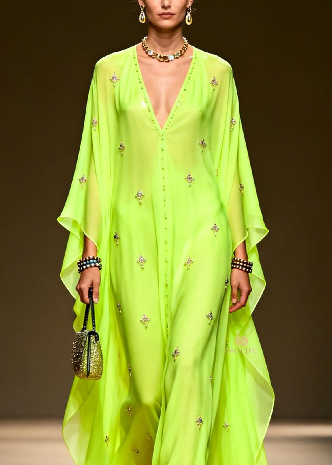 Chic Green V Neck Zircon Chiffon Maxi Dress Spring 2