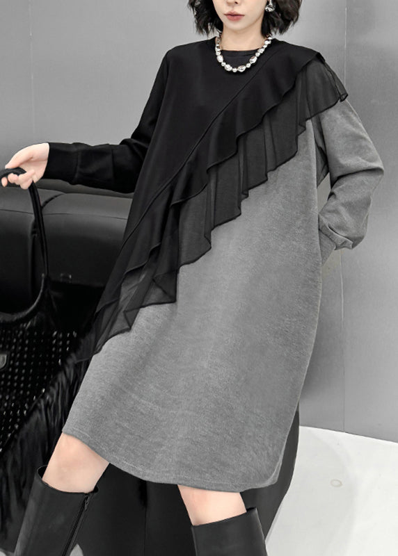 Knit Colorblock Crew Neck Mesh Ruffle Diagonal Trim Sweater Mini Dress