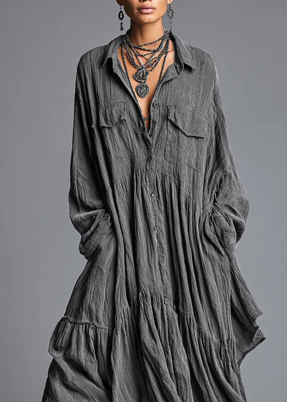 Chic Grey Peter Pan Collar Wrinkled Patchwork Cotton Dress Long Sleeve