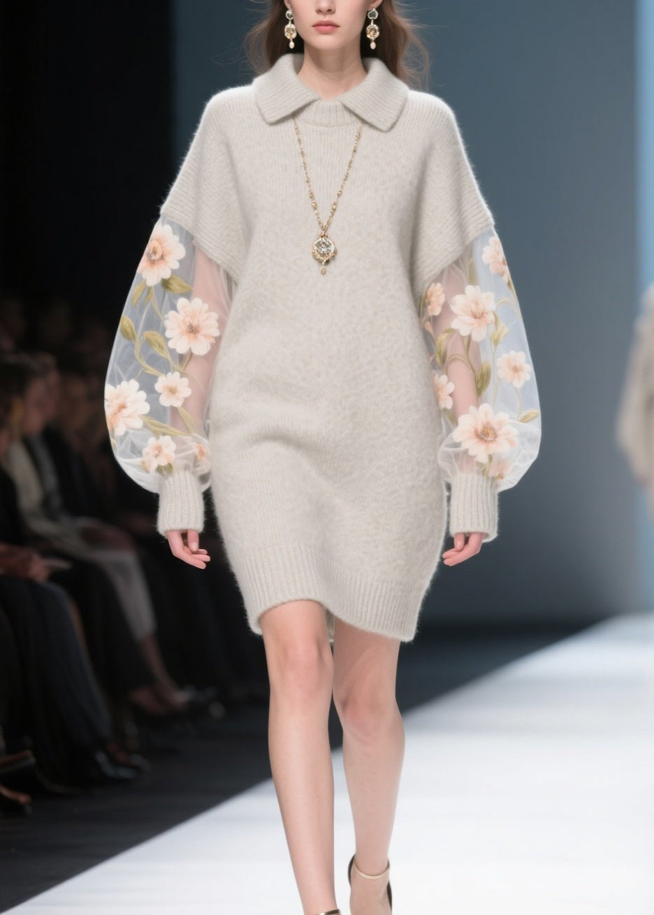 Knit Spread Collar Tulle Floral Embroidered Balloon Sleeve Mini Dress