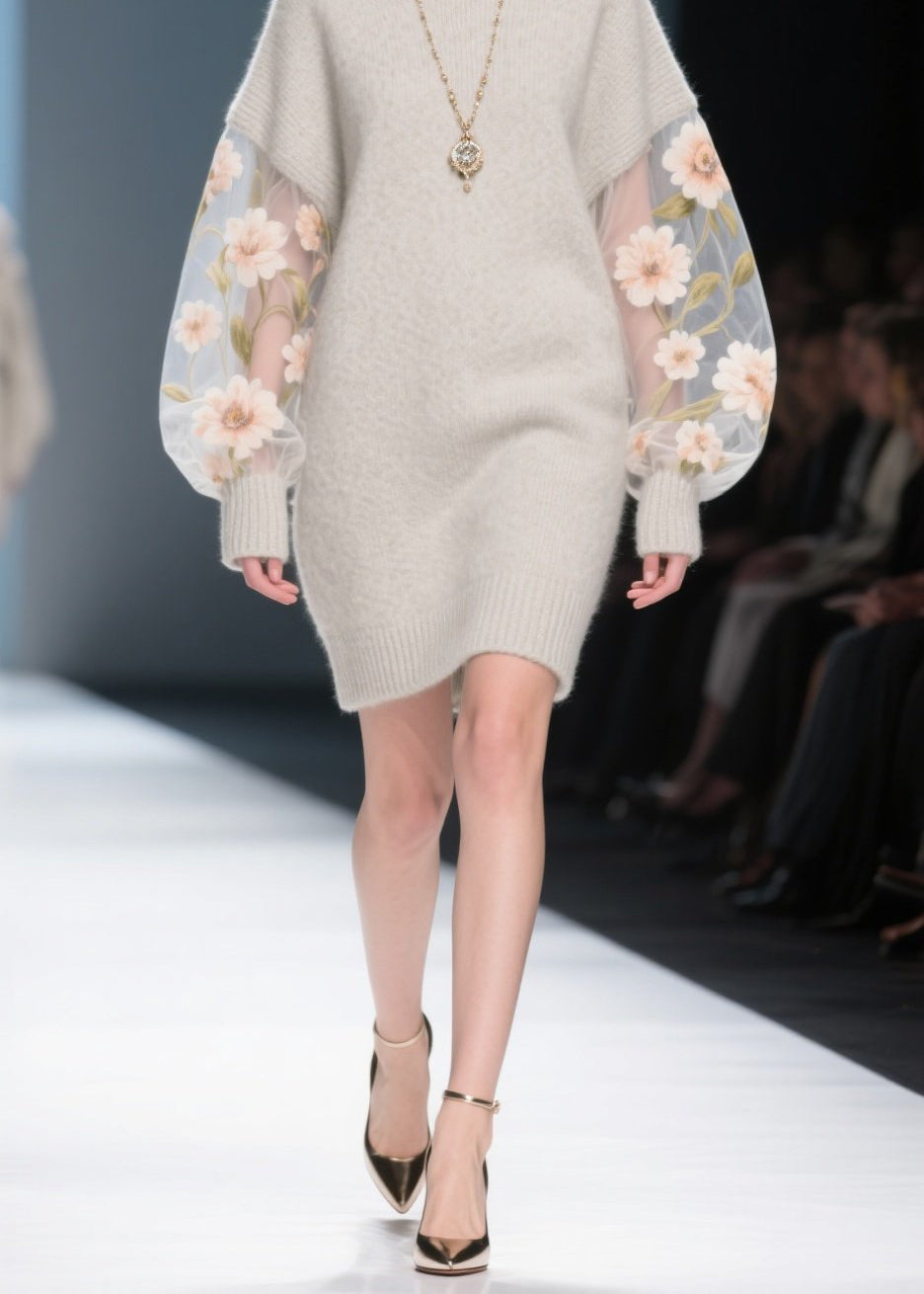 Knit Spread Collar Tulle Floral Embroidered Balloon Sleeve Mini Dress